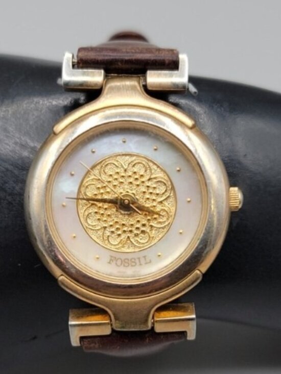 Fossil Accessories - Vtg Fossil 1990s Womens Watch Gold Filigree Mandala Mother of Pearl Leather 30mm